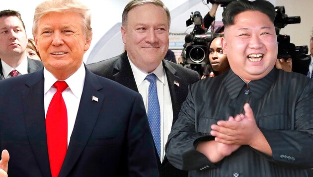 Donald Trump, Mike Pompeo und Kim Jong Un (Bild: AP, AFP, krone.at-Grafik)