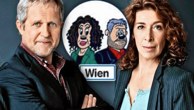 Die „Tatort“-Kommissare Adele Neuhauser und Harald Krassnitzer als Comic-Ermittler in Entenhausen (Bild: ARD, Walt Diesney, krone.at-Grafik)