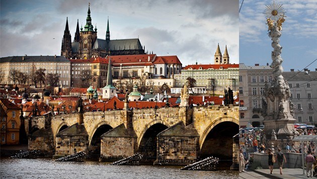 Die beiden Städte Prag und Linz (r.) rücken - so wie hier auf dieser Fotomontage - schon bald näher zusammen. (Bild: APA/Picturedesk/Claudia Rehm, Rene Fluger)