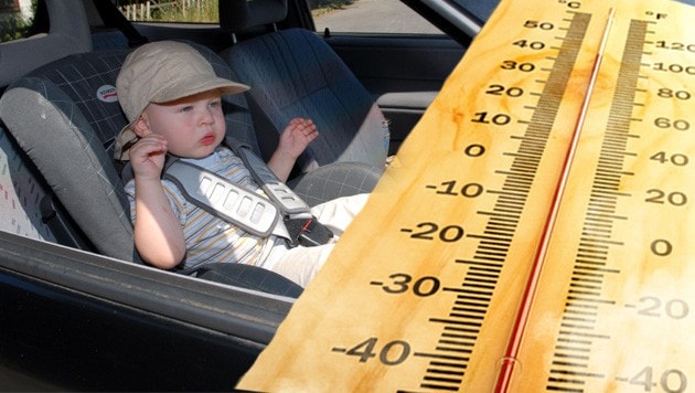 Just a few minutes are enough to turn your car into a life-threatening heat trap in summer. (Bild: stock.adobe.com, APA/Picturedesk, krone.at-Grafik)