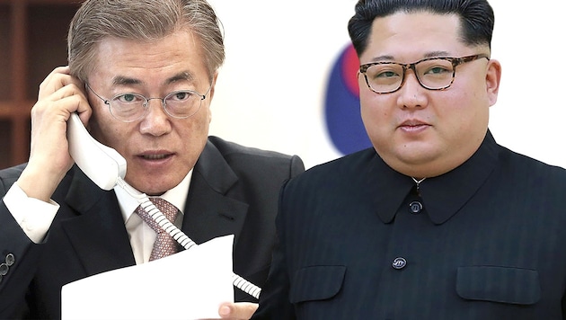 Bald im direkten Kontakt: Südkoreas Präsident Moon Jae In (li.) und der nordkoreanische Machthaber Kim Jong Un (Bild: AP, APA/AFP, krone.at-Grafik)