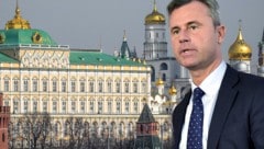 Im Moskauer Kreml werden die Fäden gezogen, die auf der von Russland annektierten Krim zusammenlaufen. Vordergrund: FPÖ-Minister Hofer (Bild: APA/AFP/MLADEN ANTONOV, APA/HERBERT NEUBAUER, krone.at-Grafik)