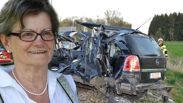 Johanna Jodlbauer (66) dürfte die rote Ampel am Bahnübergang übersehen haben. Ihr Auto wurde bei dem Zusammenstoß völlig zerstört. (Bild: Fesl, Jodlbauer)