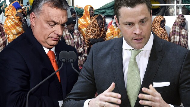 FPÖ-Klubobmann Johann Gudenus (re.): Es gebe „stichhaltige Gerüchte“, wonach Viktor Orbans (li.) Gegner George Soros daran beteiligt sei, Migrantenströme nach Europa zu unterstützen. (Bild: APA/HANS PUNZ, AFP, krone.at-Grafik)