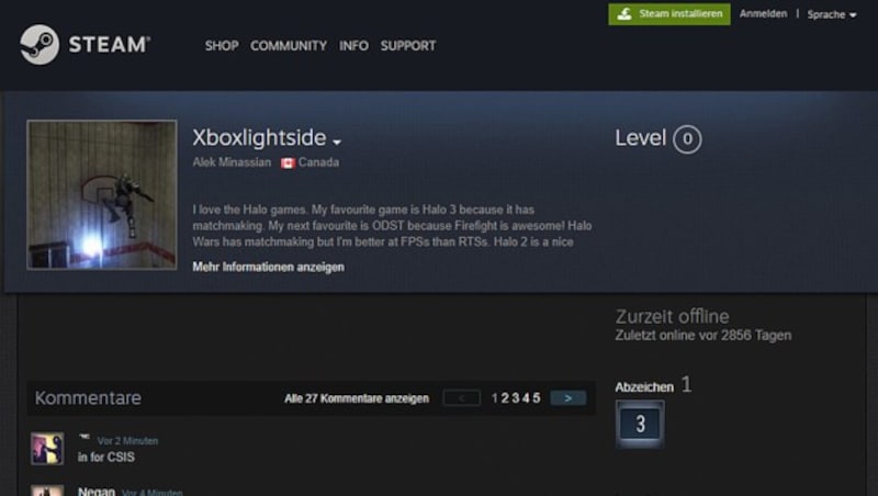 Unter dem Namen des Täters gibt es ein Profil auf der Spieleplattform Steam. (Bild: steamcommunity.com)