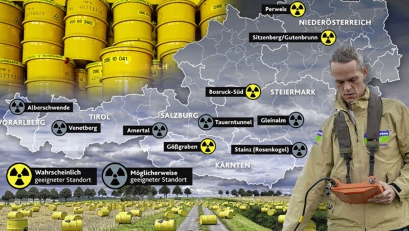 Standorte für mögliche Endlager für radioaktive Abfälle in Österreich (Bild: dpa,"Krone"-Grafik, krone.at-Grafik)