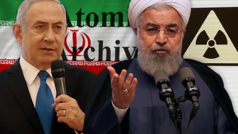 Israels Ministerpräsident Benjamin Netanyahu wirft dem Iran und dessen Präsident Hassan Rouhani (re.) vor, umfangreiche Forschungen zum Bau einer Atombombe für einen möglichen künftigen Gebrauch heimlich aufbewahrt zu haben. (Bild: stock.adobe.com, AFP, krone.at-Grafik)