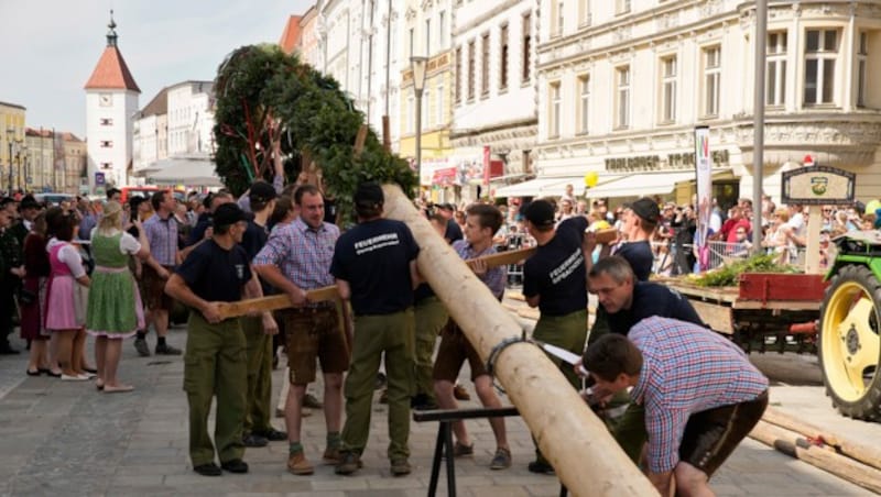 Die Welser haben am 28. April gemeinsam mit Vereinen aus Sipbachzell den Maibaum auf dem Stadtplatz händisch aufgestellt. (Bild: Gerhard Wenzel)