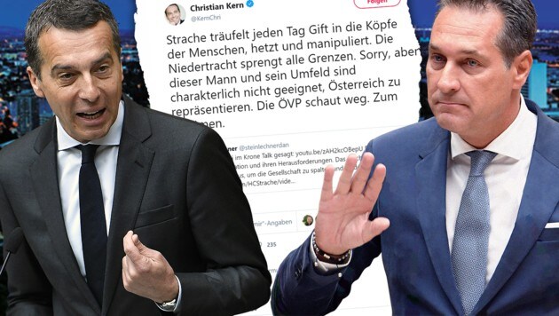 Christian Kern: Heftige Kritik an Heinz-Christian Strache (Bild: APA, krone.tv, twitter.com, krone.at-Grafik)