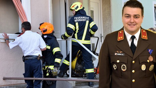 „Es drang schon Rauch aus dem Fenster“, berichtet FF-Vizekommandant Sebastian Muska (rechts). (Bild: FF Neumarkt im Hausruckkreis)