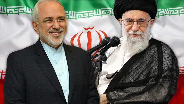 Irans Außenminister Javad Zarif (links), Revolutionsführer Ali Khamenei (Bild: AFP, stock.adobe.com, krone.at-Grafik)
