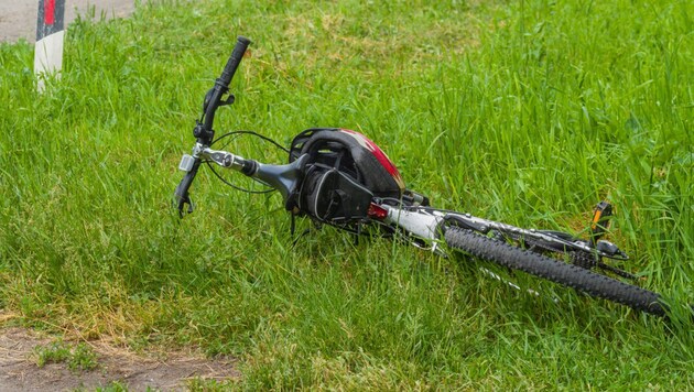 Tired bicycle lying in the grass at the roadside (Bild: Yurikr)