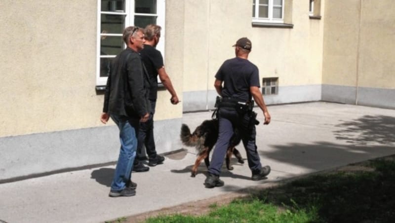 Ermittler mit einem Polizei-Hundeführer bei der Tatortbegehung (Bild: Andi Schiel)