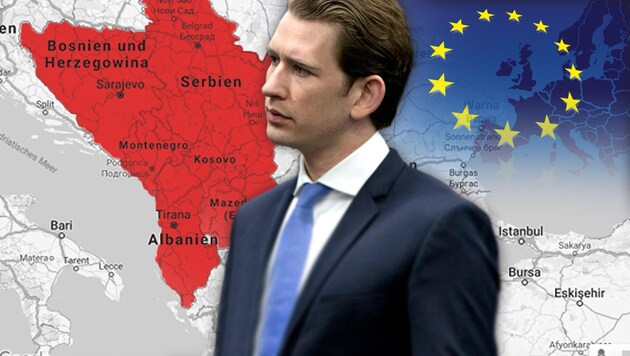 Bundeskanzler Sebastian Kurz will die Länder des Westbalkans stärker an die EU binden, ohne jedoch schnelle Beitritte zu versprechen. (Bild: Google Maps Screenshot, AFP/VIRGINIA MAYO, stock.adobe.com, krone.at-Grafik)