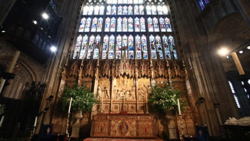 Die geschmückte St.-Georgs-Kapelle in Windsor am 19. Mai 2018 (Bild: AFP and licensors)