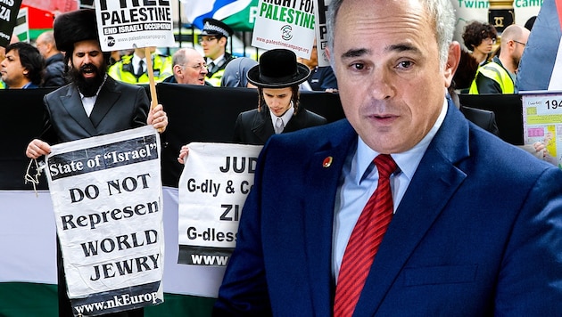 Energieminister Juval Steinitz findet überhaupt keinen Gefallen an der Kritik am Vorgehen der israelischen Polizei und Armee gegen die Palästinenser - im Bild ein Protest in London. (Bild: APA/AFP/TOLGA AKMEN, APA/OZAN KOSE, krone.at-Grafik)