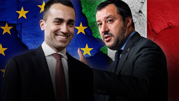 Es ist eine wahre Zwickmühle: Die EU zittert vor dem populistischen Kurs von Luigi Di Maio (links) und Matteo Salvini (rechts), sollten sie eine Regierung bilden. Eine lange Hängepartie in Rom hingegen macht die Märkte immer nervöser und italienische Staatsanleihen teurer. (Bild: AP, stock.adobe.com, krone.at-Grafik)