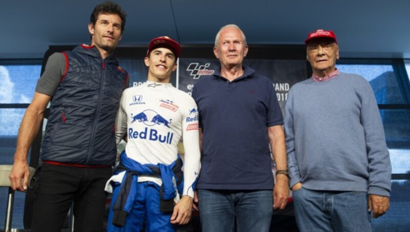 Mark Webber, Marc Marquez, Helmut Marko und Niki Lauda (von li. nach re.) (Bild: APA/ERWIN SCHERIAU)