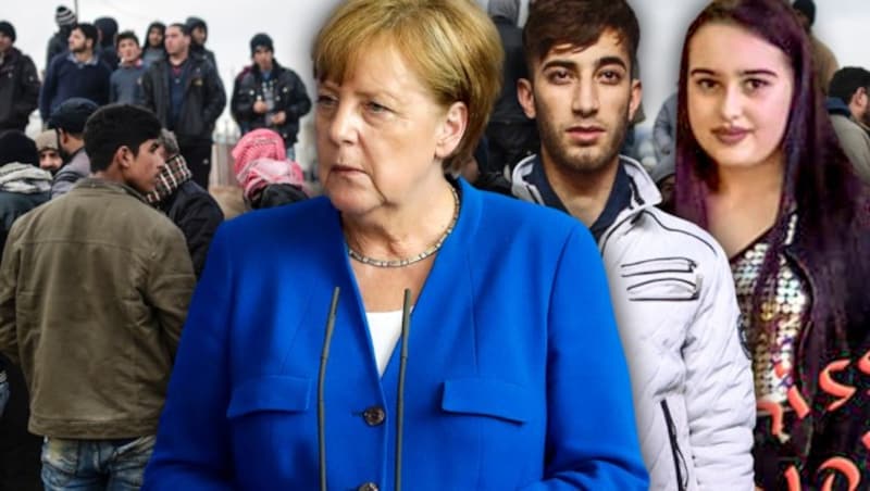 Der Fall um die ermordete Susanna (re.) sorgt über Deutschlands Grenzen hinaus für Entsetzen - Kanzlerin Merkel ist im Web erneut mit heftiger Kritik konfrontiert. (Bild: Polizei Wiesbaden/dpa, AFP, AP, facebook.com, krone.at-Grafik)