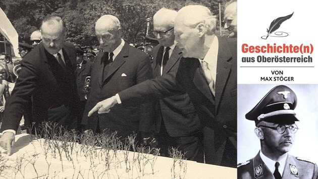 Heinrich Gleißner, im Bild rechts 1964 beim Spatenstich für die Linzer Johannes-Kepler-Uni. - Portrait rechts unten: Heinrich Himmler (Bild: Repro: Max Stöger)