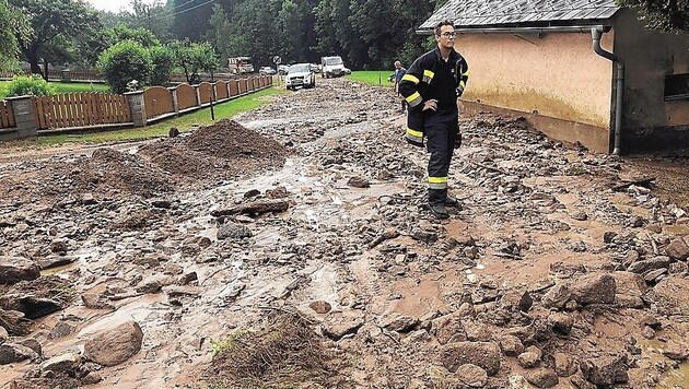 Unwetterschäden gab es auch im Gemeindegebiet von Wolfsberg. In Prebl und in Auen gab es Hochwasser. (Bild: Feuerwehr Wolfsberg)