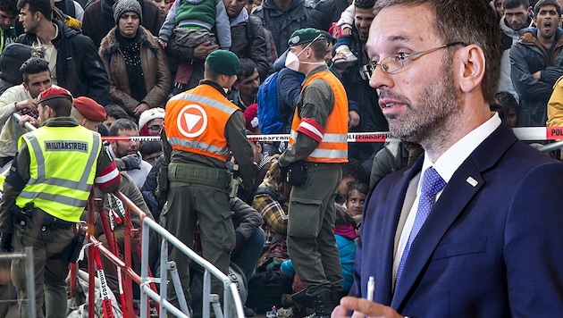 Innenminister Herbert Kickl; im Hintergrund Flüchtlinge am Grenzübergang Spielfeld im Oktober 2015 (Bild: APA/ERWIN SCHERIAU, APA/ROBERT JAEGER, krone.at-Grafik)