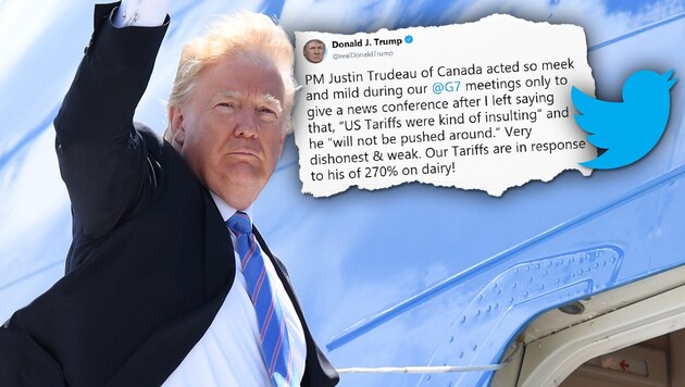 US-Präsident Trump sorgte beim G7-Gipfel in Kanada für einen Eklat. (Bild: AFP, twitter.com, krone.at-Grafik)