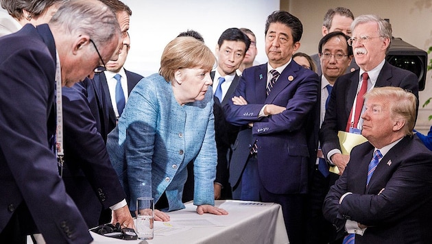 Ein Bild sagt oft mehr als Worte: Schon in seiner ersten Amtszeit drohte US-Präsident Trump, Merkel und Co. auflaufen zu lassen. Macht er diesmal ernst? (Bild: AFP/Deutsche Bundesregierung/Jesco Denzel)