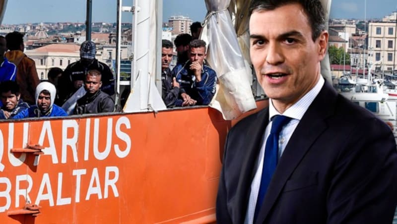 Ministerpräsident Pedro Sanchez hat angeboten, die Aquarius aufzunehmen. (Bild: AFP, krone.at-Grafik)