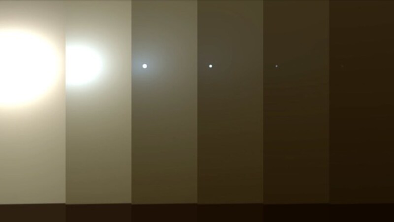 Simulation des sich verdüsternden Himmels am Mars - ganz rechts der derzeitige Ausblick (Bild: NASA/JPL-Caltech/TAMU)