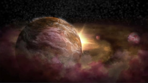 Künstlerische Illustration: Die drei Baby-Planeten um den Stern HD 163296 (Bild: S. Dagnello, NSF/NRAO/AUI)