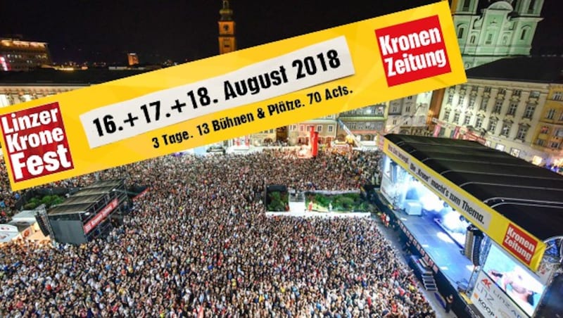 Beim Linzer „Krone“-Fest 2018 warten von 16. bis 18. August 70 Acts auf 13 Bühnen und Plätzen bei freiem Eintritt. (Bild: wenzel)