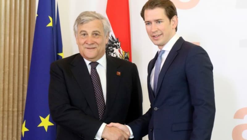 EU-Parlamentspräsident Antonio Tajani zu Gast bei Bundeskanzler Sebastian Kurz (Bild: ASSOCIATED PRESS)