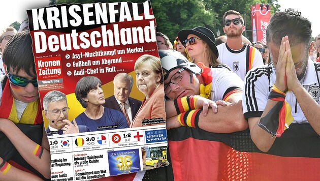 Sie leiden - mit ihrer Politik, mit ihrer Nationalelf und mit dem Audi-Skandal: die Deutschen. (Bild: AFP, Kronen Zeitung, krone.at-Grafik)