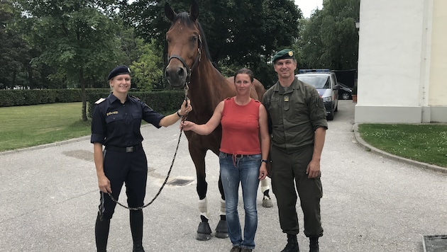 Abteilungsinspektorin Birgit Reiterer, Verkäuferin Elisabeth R. und Oberstleutnant Roland Pulsinger mit dem Wallach „Dorian“ (Bild: BMI)