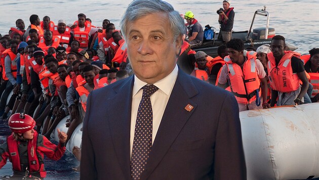 Antonio Tajani (Bild: APA/HERBERT NEUBAUER, AFP, krone.at-Grafik)