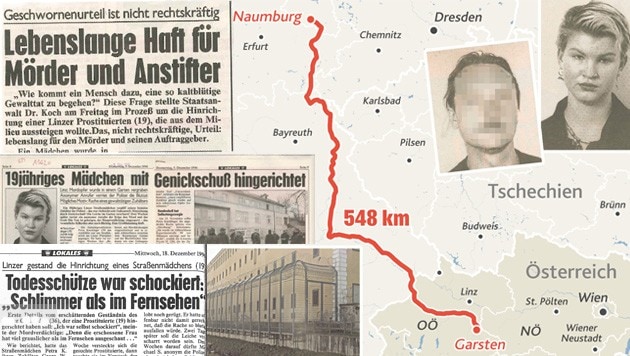 548 Kilometer flüchtete der Prostituiertenmörder von Garsten ins deutsche Naumburg. 1996 hatte er Petra K. durch einen Genickschuss getötet.
 (Bild: KRONE GRAFIK, Krone)