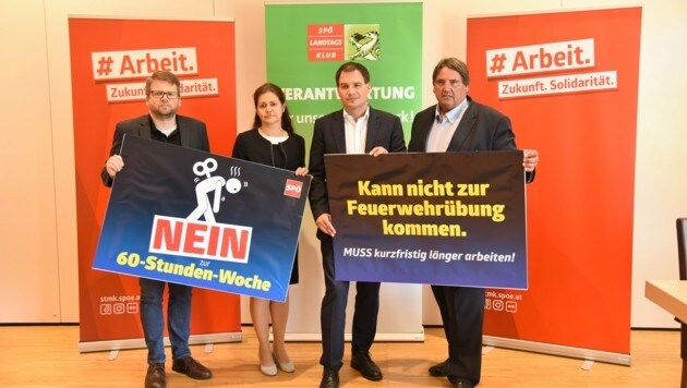 Die SPÖ Steiermark protestiert gegen die 60-Stunden-Woche - von links Klubobmann Hannes Schwarz, Soziallandesrätin Doris Kampus, Landeshauptmann-Stellvertreter Michael Schickhofer und Gewerkschafter Josef Muchitsch (Bild: SPÖ Steiermark)