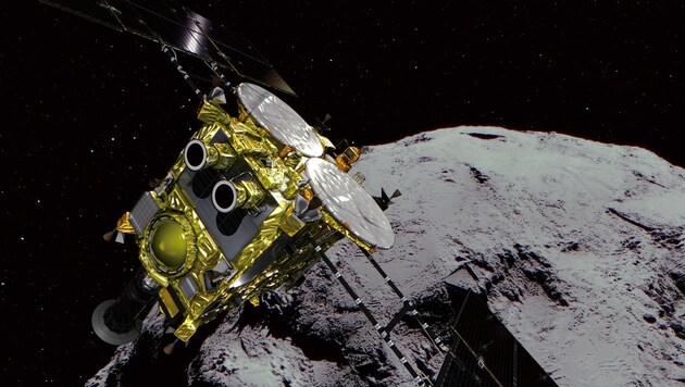 „Hayabusa 2“ im Orbit um den Asteroiden Ryugu (Bild: JAXA)