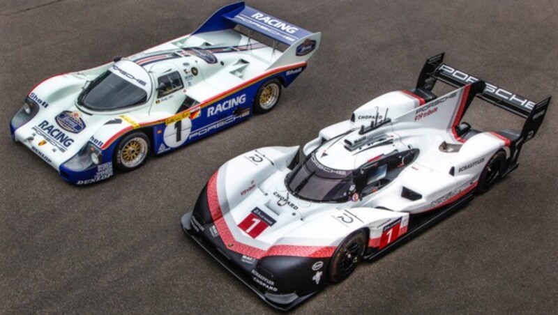 Der Porsche 919 Evo (rechts) und Stefan Bellofs Rekordauto, der 956 C von 1983 (Bild: Porsche)