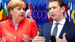 Widerspricht dem EU-Plan von Deutschlands Kanzlerin Angela Merkel (CDU): Bundeskanzler Sebastian Kurz (ÖVP) (Bild: APA/AFP/Yves Herman, AP, krone.at-Grafik)