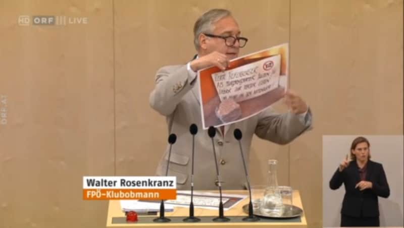 Rosenkranz erklärte, es seien Protestschreiben gegen den Zwölf-Stunden-Tag und Pflastersteine vor Büros und Häusern von Abgeordneten gefunden worden. (Bild: Screenshot ORF)