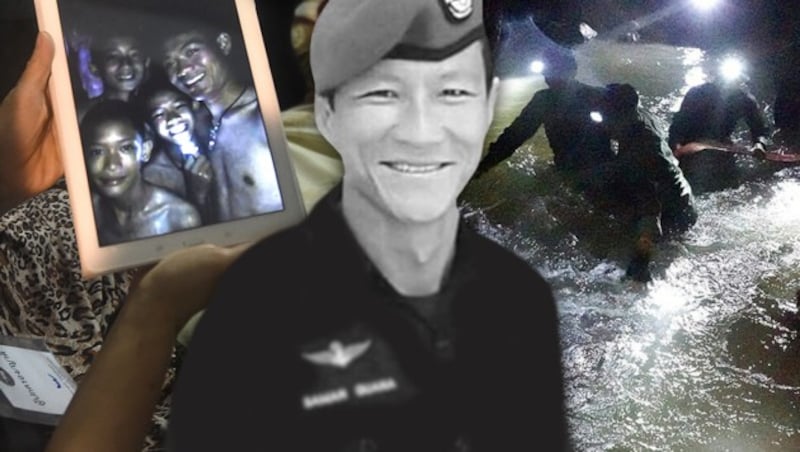 Marine-Taucher Saman Gunan kam ums Leben, als er versuchte, einen Sauerstoffbehälter in der Höhle zu platzieren. (Bild: AFP, facebook.com, krone.at-Grafik)