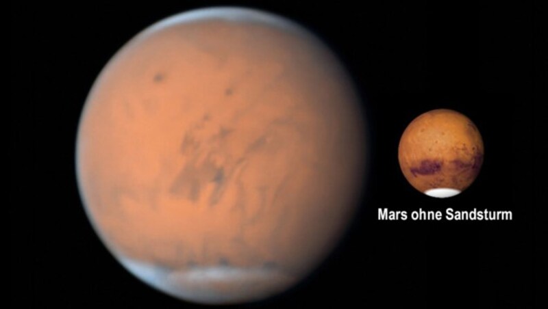 Links der von der Staubwolke verhüllte Mars, aufgenommen am 28. Juni 2018 (Bild: twitter.com/Damian Peach/Chilescope Team)