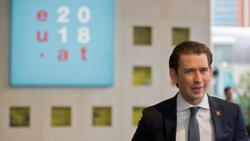 Bundeskanzler Sebastian Kurz vor dem offiziellen Logo der österreichischen EU-Ratspräsidentschaft (Bild: APA/GEORG HOCHMUTH)