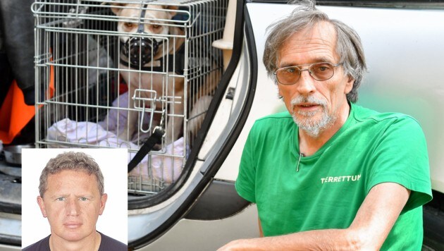Wilhelm Schnebel (Tierrettung Linz) kümmert sich um die misshandelten Hunde. Psychologe Barnabas Strutz (kl. Foto) warnt: „Man muss Tierquäler im Auge behalten.“ (Bild: Harald Dostal, zVg)