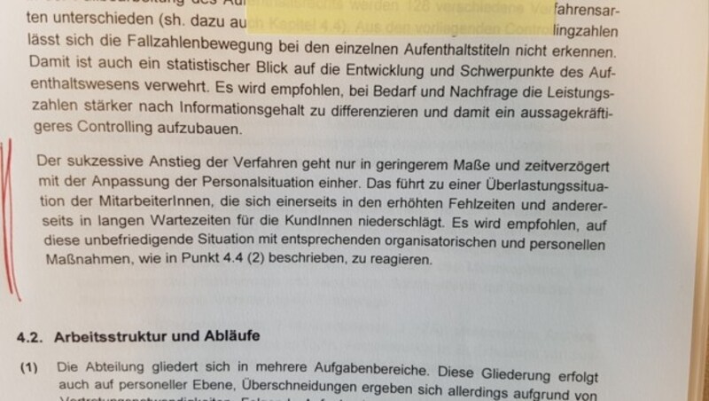 Eine vielsagende Passage aus dem Prüfbericht des städtischen Kontrollamtes über die Abteilung Aufenthaltsrecht und die Personalnöte ebendort. (Bild: Werner Pöchinger)