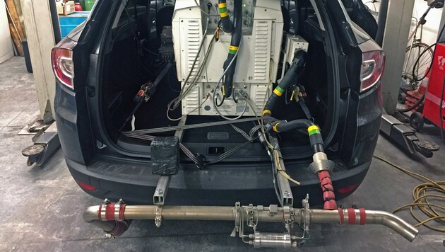 PEMS-Messaufbau (Portable Emissions Measurement System) zur Messung der Schadstoffemissionen im realen Fahrbetrieb (RDE - Real Driving Emissions) (Bild: Grabner – TU Graz)