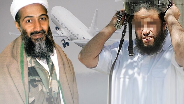 Sami A. (re.) stieg bei Al-Kaida bis zur persönlichen Leibgarde Bin Ladens auf. (Bild: AFP, twitter.com, dpa, krone.at-Grafik)