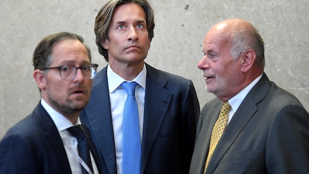 Grasser mit seinen Anwälten Norbert Wess (links) und Manfred Ainedter (rechts) (Bild: APA/Roland Schlager)